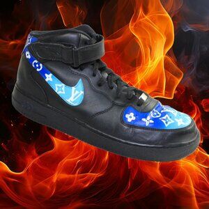 Nike AF1 Leather Custom Hand Painted Blue On Black Louis Vuitton Logo, Size 13